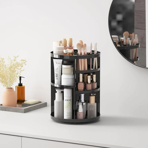 Organisateur de maquillage rotatif pour vanité, organisateur de soins de la peau tournant à 360° avec plateaux ajustables, carrousel de rangement pour bureau de maquillage